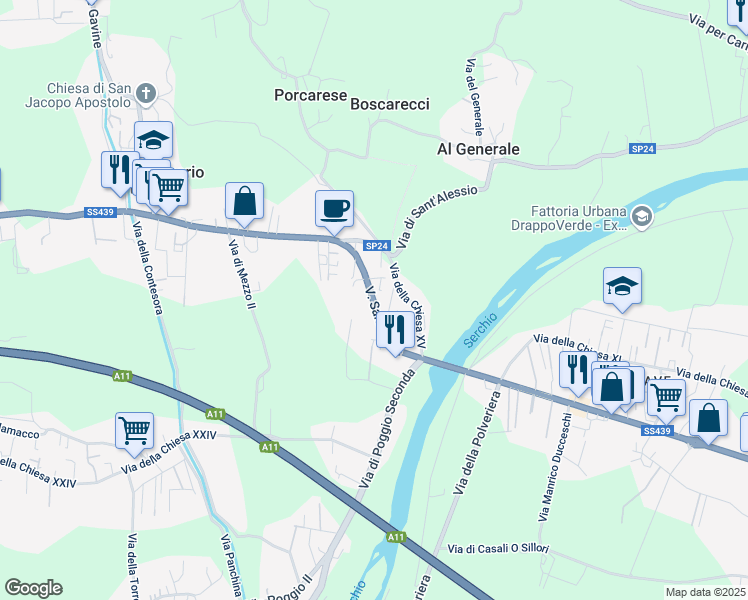 map of restaurants, bars, coffee shops, grocery stores, and more near 1491 Via Sarzanese in Lucca