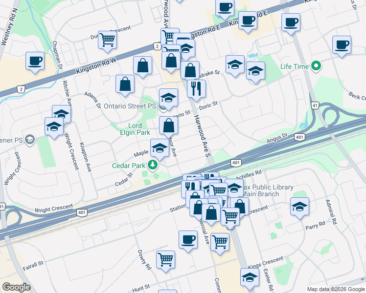map of restaurants, bars, coffee shops, grocery stores, and more near 24 York Street in Ajax