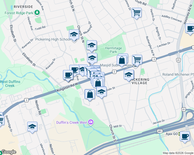 map of restaurants, bars, coffee shops, grocery stores, and more near 15 Church Street North in Ajax