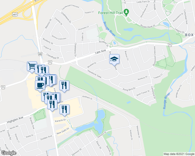 map of restaurants, bars, coffee shops, grocery stores, and more near 58 Havelock Gate in Markham