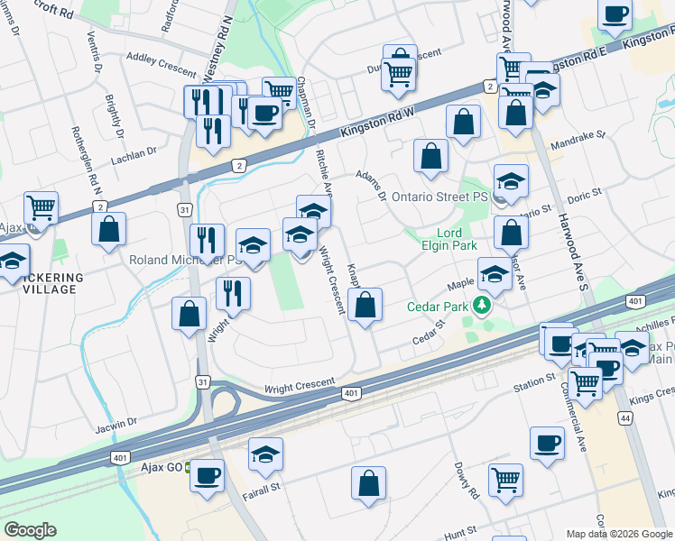 map of restaurants, bars, coffee shops, grocery stores, and more near 21 Wright Crescent in Ajax