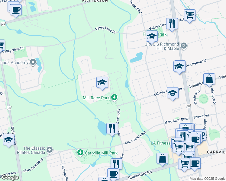 map of restaurants, bars, coffee shops, grocery stores, and more near Thomas Cook Avenue in Vaughan