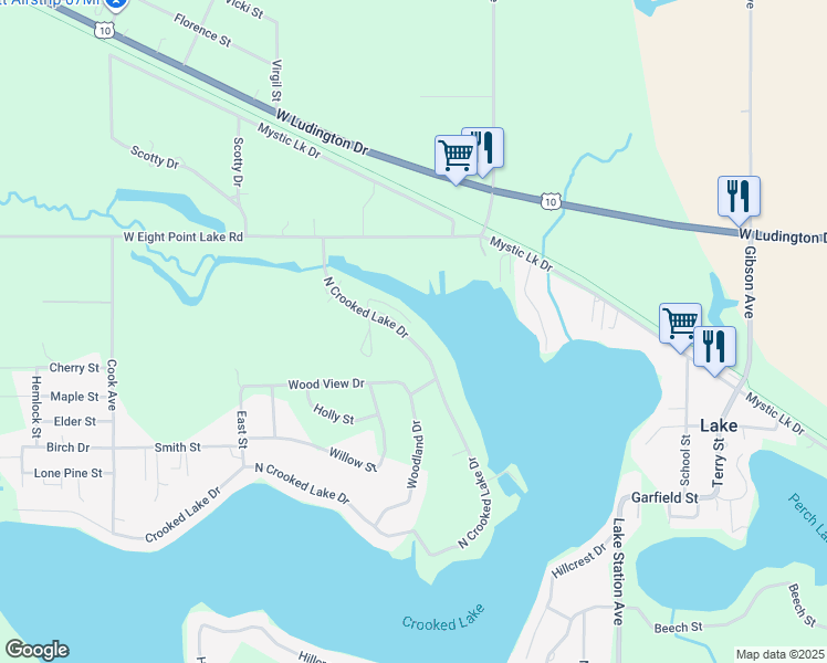 map of restaurants, bars, coffee shops, grocery stores, and more near 358 North Crooked Lake Drive in Lake