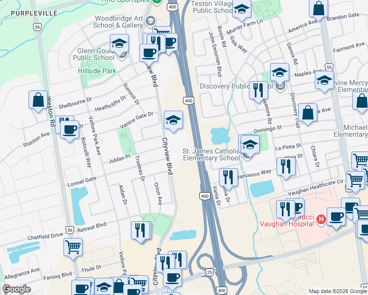 map of restaurants, bars, coffee shops, grocery stores, and more near 321 Cityview Boulevard in Vaughan