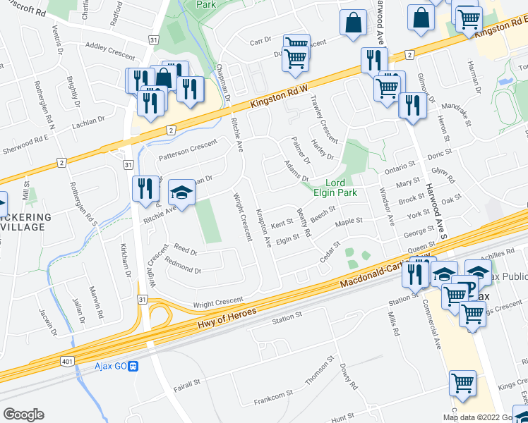 map of restaurants, bars, coffee shops, grocery stores, and more near 61 Beatty Road in Ajax