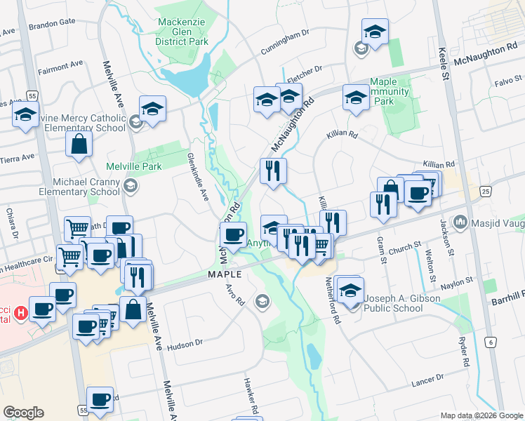 map of restaurants, bars, coffee shops, grocery stores, and more near 167 Mathewson Street in Vaughan
