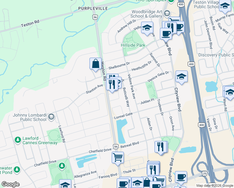 map of restaurants, bars, coffee shops, grocery stores, and more near 52 Vedette Way in Vaughan