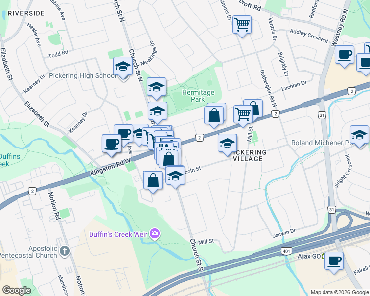 map of restaurants, bars, coffee shops, grocery stores, and more near 13 Duffin Street in Ajax