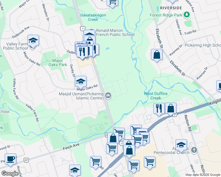 map of restaurants, bars, coffee shops, grocery stores, and more near 1761 Magenta Road in Pickering
