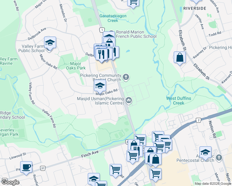 map of restaurants, bars, coffee shops, grocery stores, and more near in Pickering