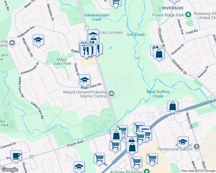 map of restaurants, bars, coffee shops, grocery stores, and more near 2079 Brock Road in Pickering