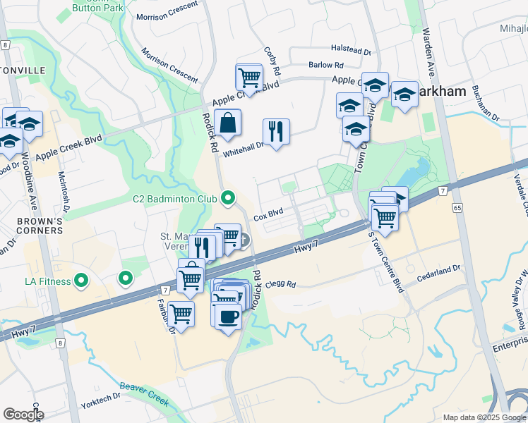 map of restaurants, bars, coffee shops, grocery stores, and more near in Markham