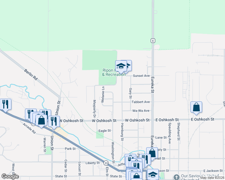 map of restaurants, bars, coffee shops, grocery stores, and more near 632 Washington Street in Ripon