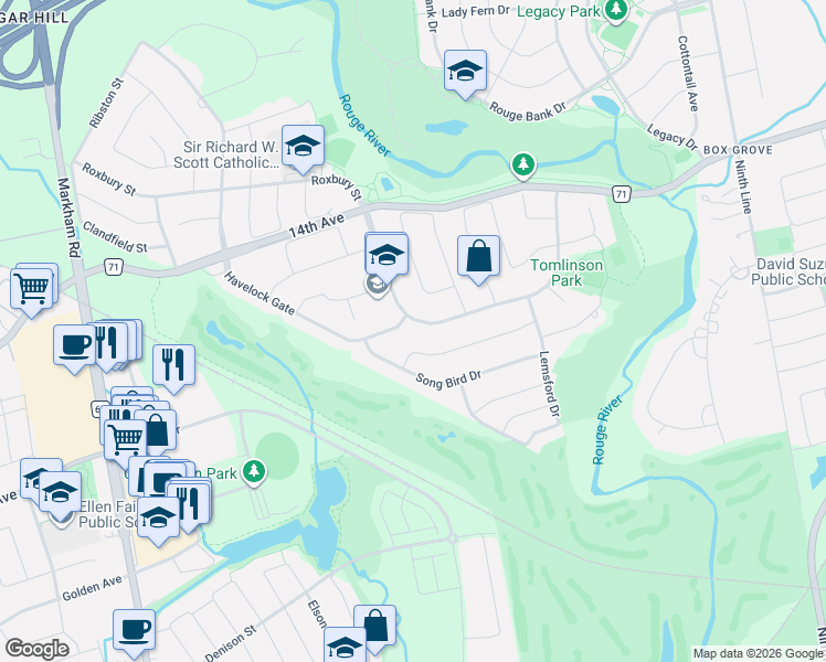 map of restaurants, bars, coffee shops, grocery stores, and more near 52 Norbury Drive in Markham