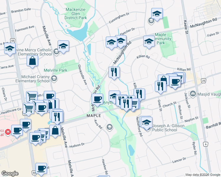 map of restaurants, bars, coffee shops, grocery stores, and more near 167 Mathewson Street in Vaughan