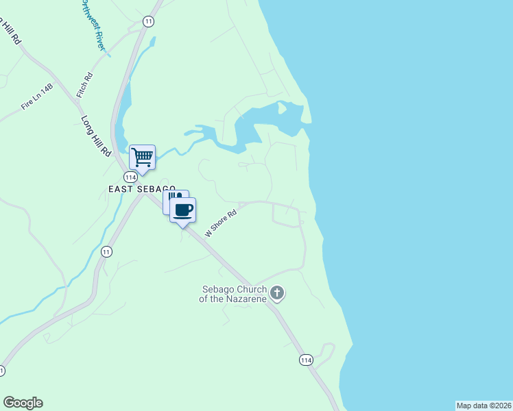 map of restaurants, bars, coffee shops, grocery stores, and more near 19 Keenan Way in Sebago
