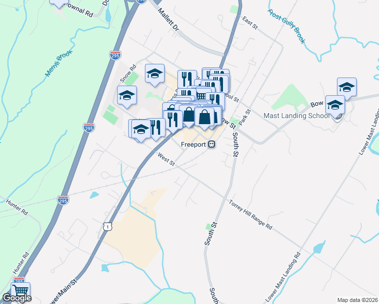 map of restaurants, bars, coffee shops, grocery stores, and more near 49 Depot Street in Freeport
