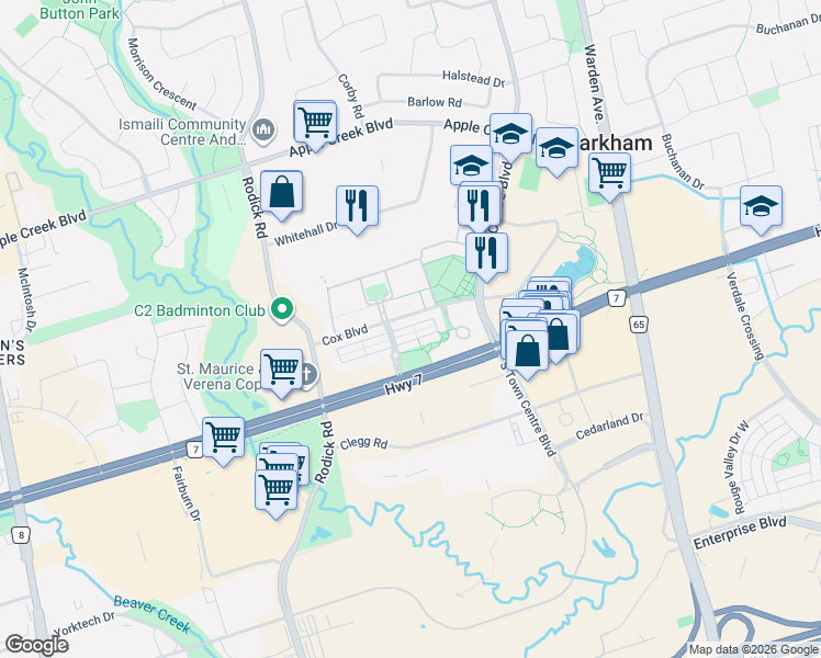 map of restaurants, bars, coffee shops, grocery stores, and more near 15 Legends Way in Markham