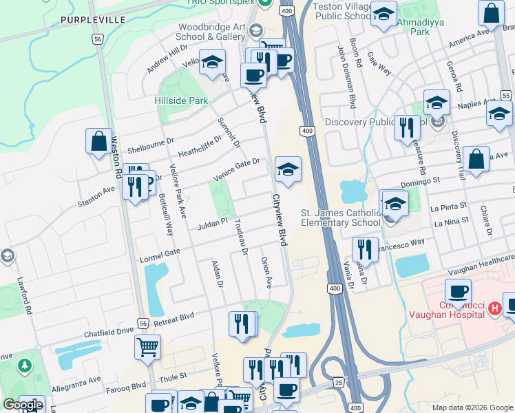 map of restaurants, bars, coffee shops, grocery stores, and more near 40 Ozner Crescent in Vaughan