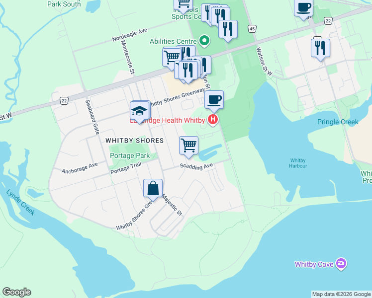 map of restaurants, bars, coffee shops, grocery stores, and more near 87 Tallships Drive in Whitby
