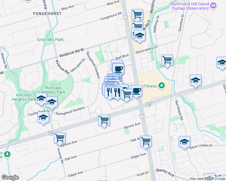 map of restaurants, bars, coffee shops, grocery stores, and more near 9350 Yonge Street in Richmond Hill