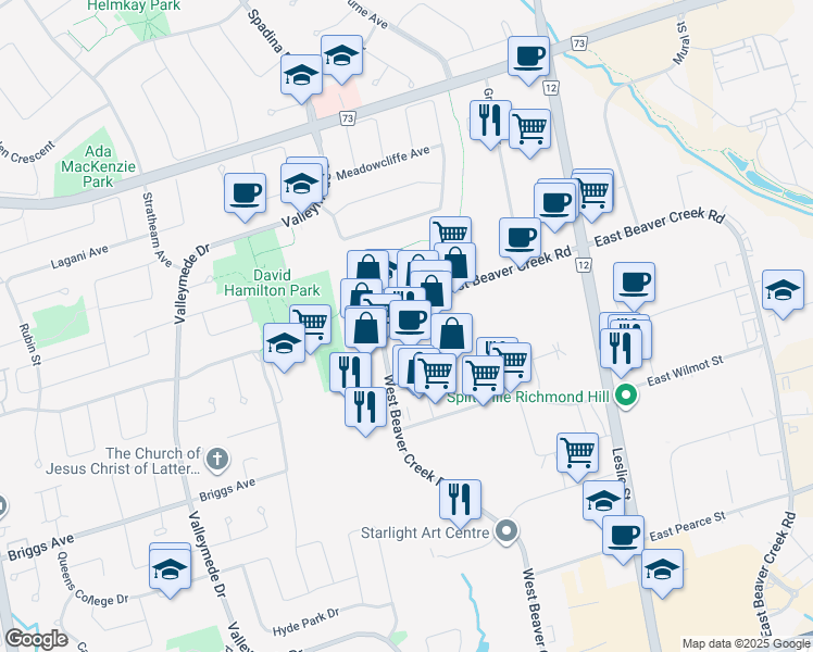map of restaurants, bars, coffee shops, grocery stores, and more near 55 West Beaver Creek Road in Richmond Hill