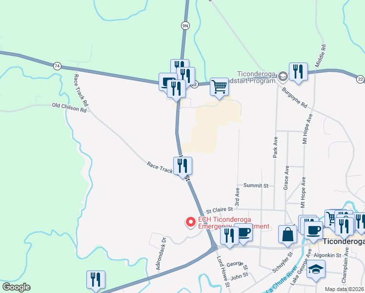 map of restaurants, bars, coffee shops, grocery stores, and more near 1080 Wicker Street in Ticonderoga