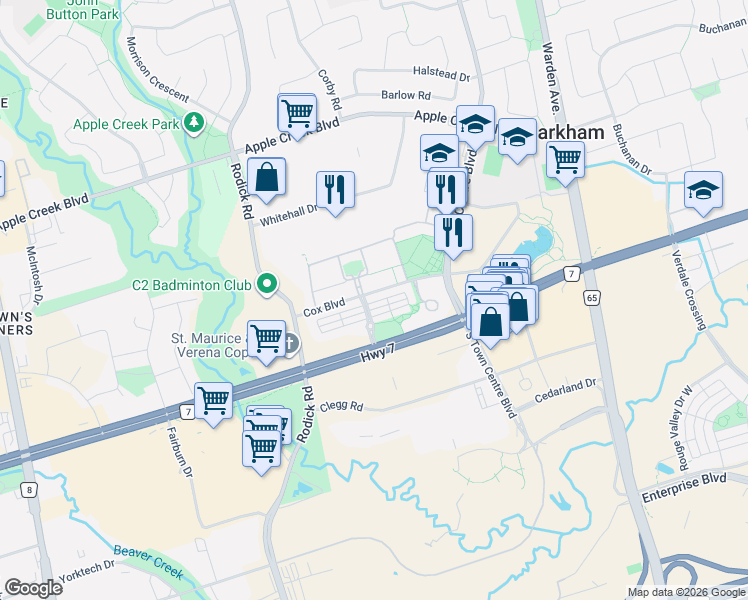 map of restaurants, bars, coffee shops, grocery stores, and more near 5 Legends Way in Markham