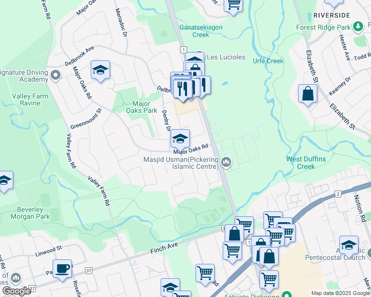 map of restaurants, bars, coffee shops, grocery stores, and more near 2097 Duberry Drive in Pickering