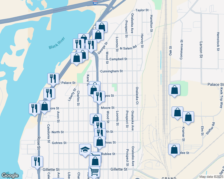 map of restaurants, bars, coffee shops, grocery stores, and more near 1307 Hayes Street in La Crosse