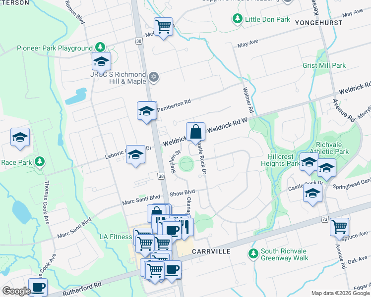 map of restaurants, bars, coffee shops, grocery stores, and more near in Richmond Hill