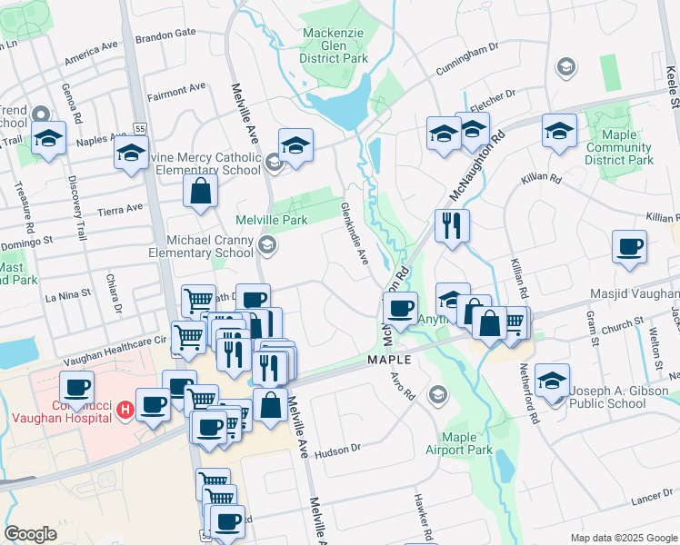 map of restaurants, bars, coffee shops, grocery stores, and more near 45 Oban Avenue in Vaughan