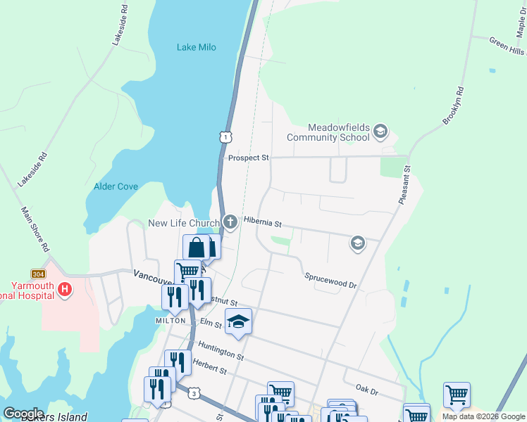 map of restaurants, bars, coffee shops, grocery stores, and more near 537 Brunswick Street in Yarmouth