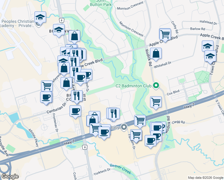 map of restaurants, bars, coffee shops, grocery stores, and more near 56 Montgomery Court in Markham