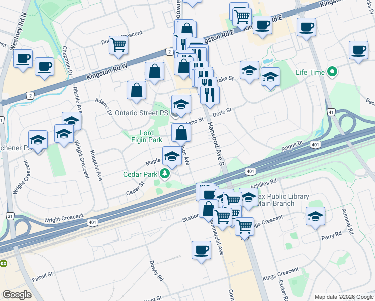 map of restaurants, bars, coffee shops, grocery stores, and more near 33 Windsor Avenue in Ajax