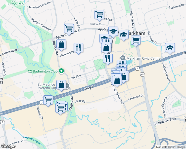 map of restaurants, bars, coffee shops, grocery stores, and more near 25 Legends Way in Markham