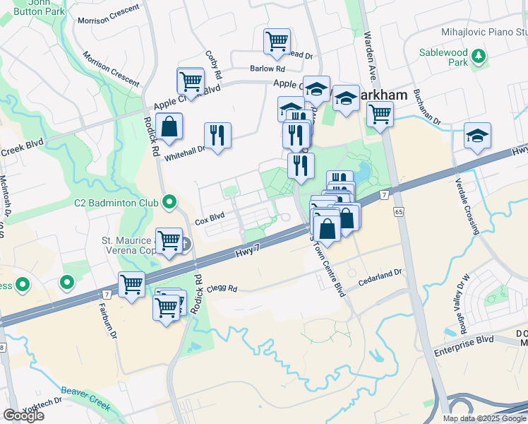map of restaurants, bars, coffee shops, grocery stores, and more near 33 Legends Way in Markham