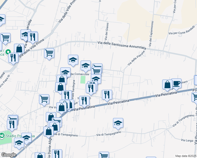 map of restaurants, bars, coffee shops, grocery stores, and more near 229 Via Giorgini Giovan Battista in Lucca