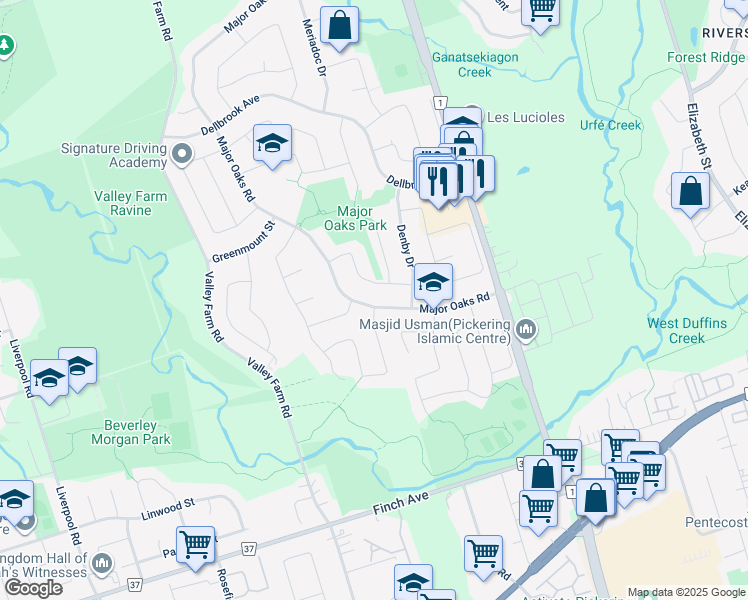 map of restaurants, bars, coffee shops, grocery stores, and more near 1648 Major Oaks Road in Pickering