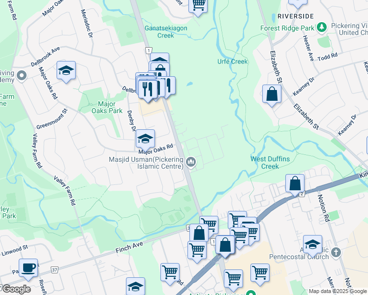 map of restaurants, bars, coffee shops, grocery stores, and more near 2374 Usman Road in Pickering