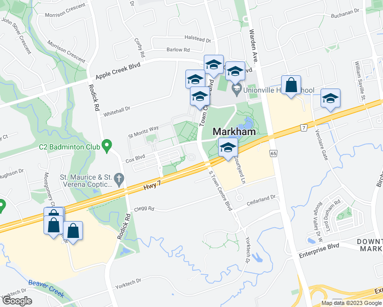 map of restaurants, bars, coffee shops, grocery stores, and more near 1585-23 Cox Boulevard in Markham