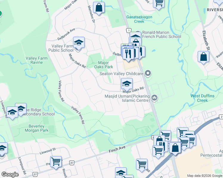map of restaurants, bars, coffee shops, grocery stores, and more near 1652 Major Oaks Road in Pickering