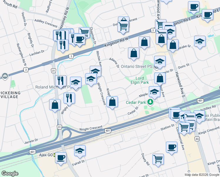 map of restaurants, bars, coffee shops, grocery stores, and more near 61 Beatty Road in Ajax