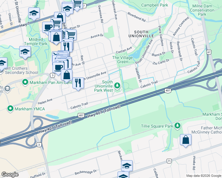 map of restaurants, bars, coffee shops, grocery stores, and more near Glenbar Gardens in Markham