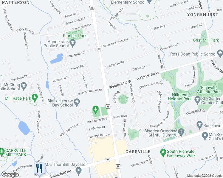 map of restaurants, bars, coffee shops, grocery stores, and more near 271 Weldrick Road West in Richmond Hill