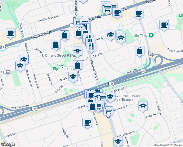 map of restaurants, bars, coffee shops, grocery stores, and more near in Ajax