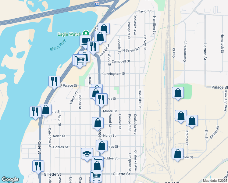 map of restaurants, bars, coffee shops, grocery stores, and more near 1319 Palace Street in La Crosse