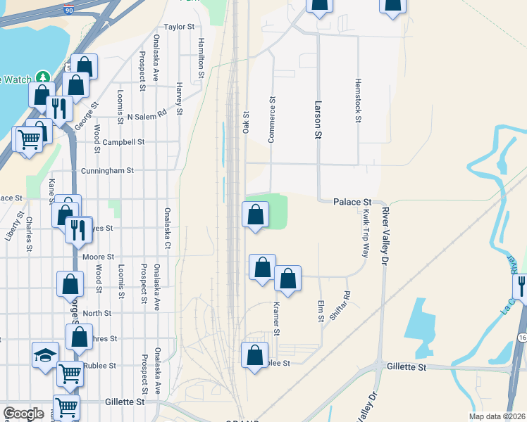 map of restaurants, bars, coffee shops, grocery stores, and more near 1905 Palace Street in La Crosse