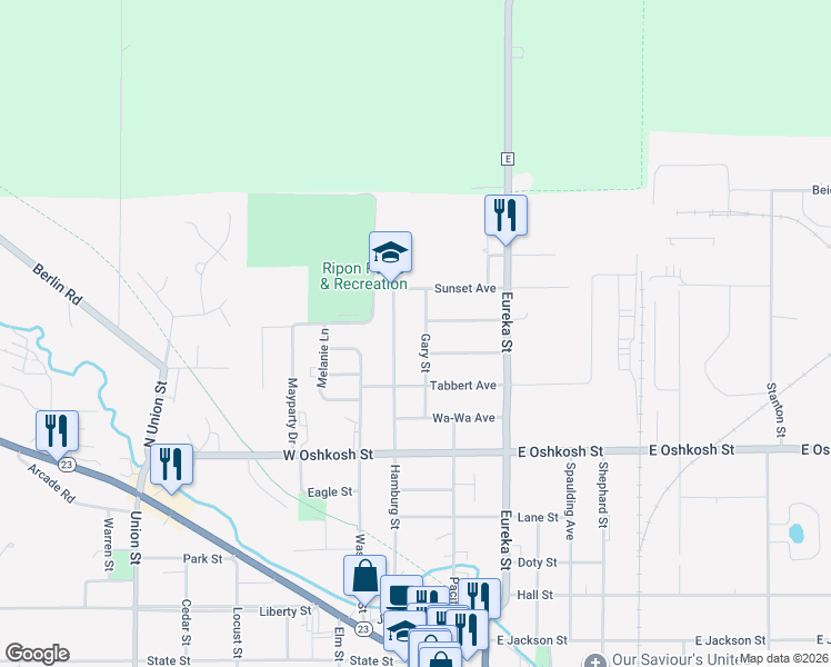map of restaurants, bars, coffee shops, grocery stores, and more near 677 Gary Street in Ripon