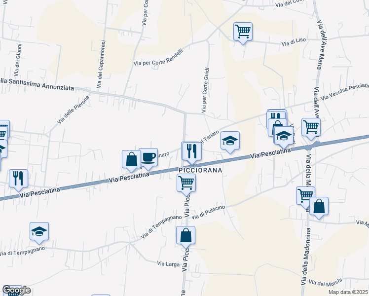 map of restaurants, bars, coffee shops, grocery stores, and more near 886 Via del Tanaro in Lucca